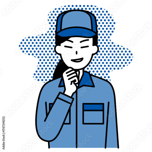 悪巧みをするつなぎ作業服の女性