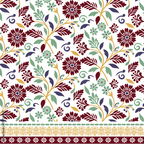 Vibrant Floral Pattern With Maroon Flowers, Green Leaves, and Gold Stems Featuring Decorative Borders, Elegant Ornamental Design for Wallpaper, Textile Fabric, and Home Decor