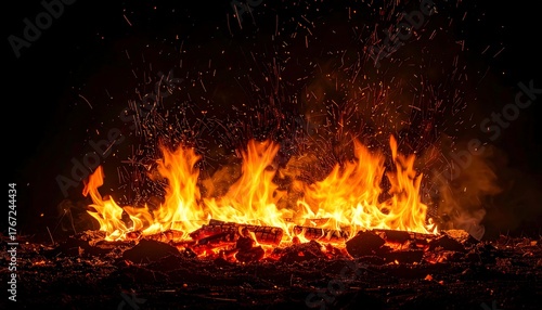 Scattered Sparks Rise from a Vibrant Bonfire, Creating a Dynamic and Energetic Display of Burning Embers