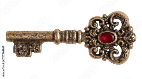Ornate Vintage Key with Decorative Design and Red Gemstone Accent