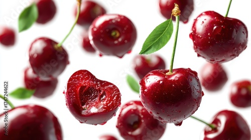 Fresh Red Cherries with Leaves and Water Drops on White Background