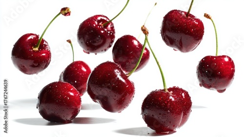 Fresh Juicy Cherries Falling Down with Water Drops on White Background