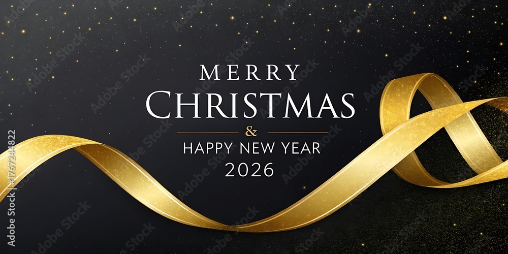 Fototapeta premium Elegant merry Christmas and happy new year 2026 greeting with a luxurious golden ribbon and subtle sparkling background.
