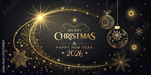 Elegant golden sparkler ring illuminates festive merry Christmas and happy new year 2026 greeting card.