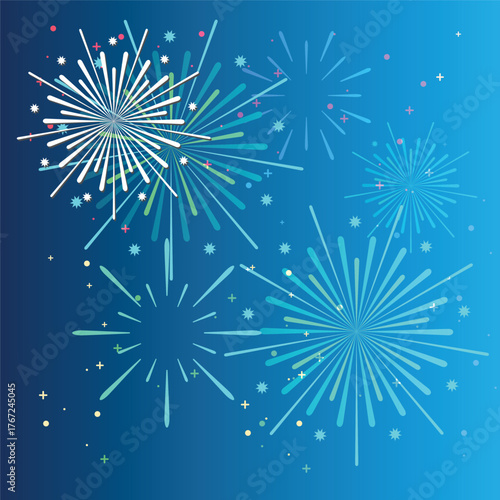 Vector decorative border with colorful exploding fireworks in the sky - celebration card, festival banner