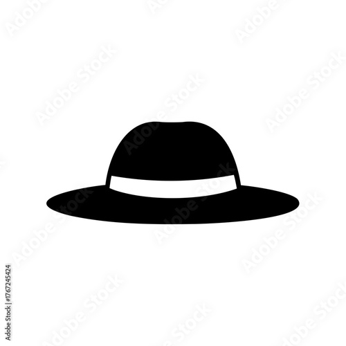 Simple graphic black fedora hat with a white ribbon on white background