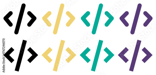 Set of vector coding bracket icons in multiple colors with rounded and angular styles, designed for development, UI, and programming projects