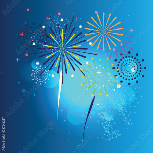 Vector decorative border with colorful exploding fireworks in the sky - celebration card, festival banner