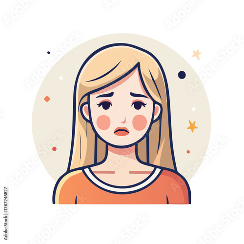 Sad blonde woman with downcast eyes expressing loneliness and heartbreak. Emotional flat vector illustration.
