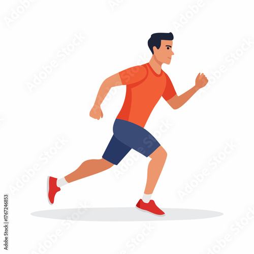 Man running fast wearing an orange shirt and blue pants. Dynamic vector illustration of fitness and energy.
