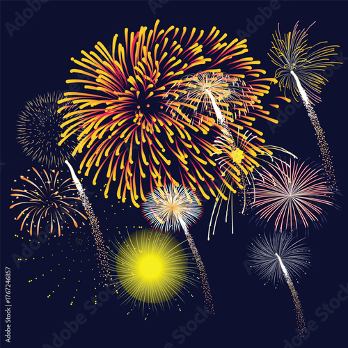 Vector decorative border with colorful exploding fireworks in the sky - celebration card, festival banner