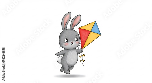 Adorable gray rabbit character cheerfully flies a vibrant multicolor kite perfect for spring or summer outdoor fun. AI Generated