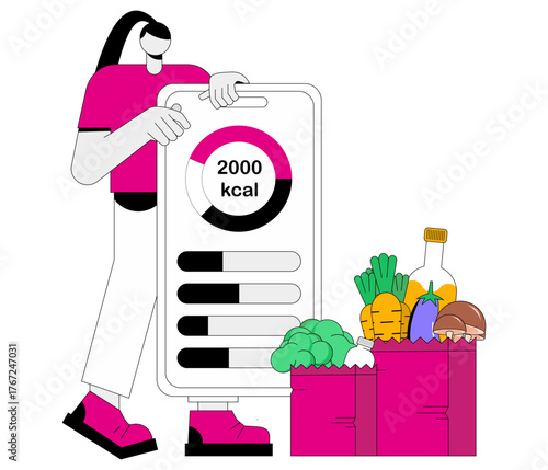 Flat Vector Illustration of Daily Calorie Goal and Healthy Eating, Fitness and Health: Tracking Calories with a Smartphone