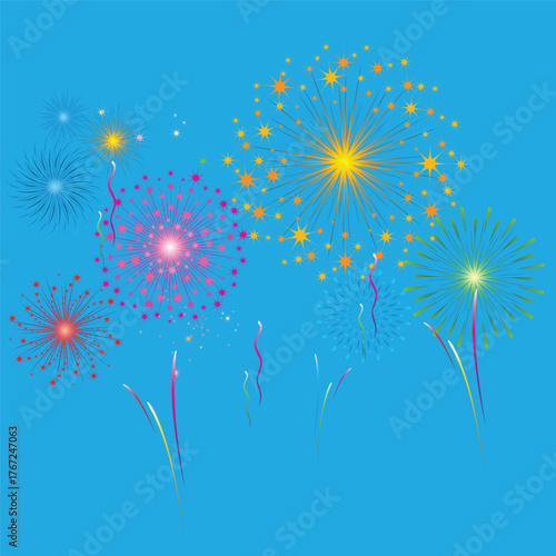 Vector decorative border with colorful exploding fireworks in the sky - celebration card, festival banner