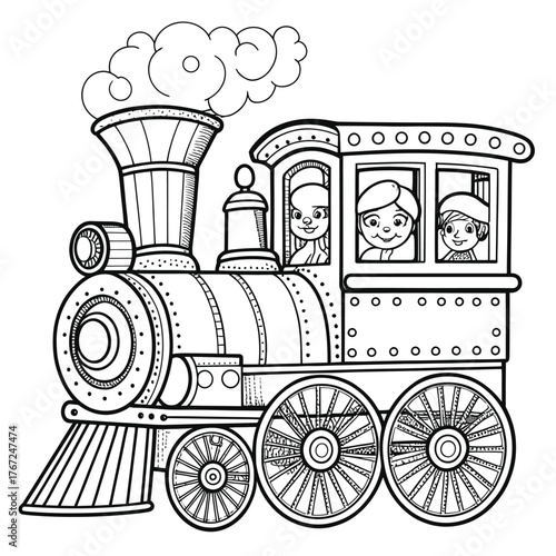 Happy children ride a classic steam train coloring page enjoying a whimsical journey