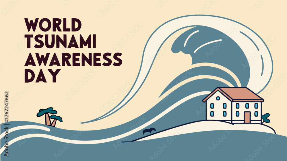 Naklejka premium World Tsunami Awareness Day with Silhouette of House and Waves