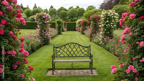 Fototapeta Naklejka Na Ścianę i Meble -  A tranquil rose garden with a bench in the foreground, inviting visitors to relax and enjoy the beauty of nature in a serene setting