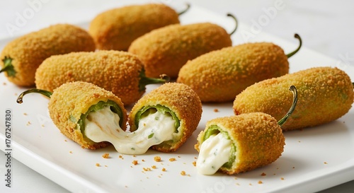 Golden fried jalape�o poppers filled with creamy melted cheese perfectly arranged on a white plate bright inviting food shot. AI Generated