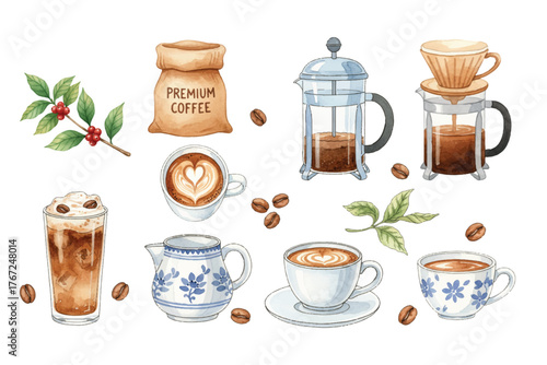watercolor coffee drawing bundle collection