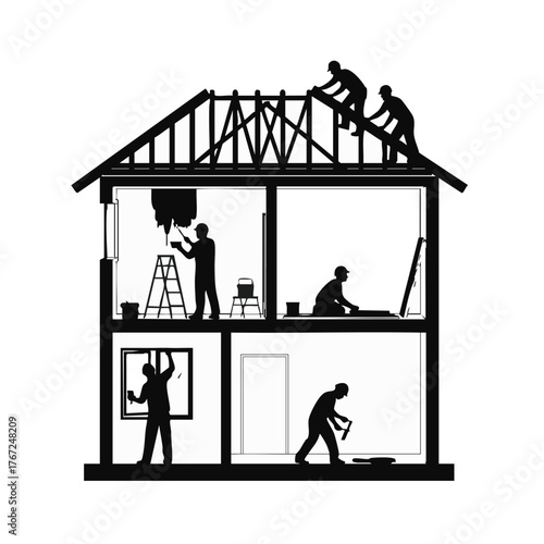 Silhouetted workers construct and renovate a house, showcasing various stages of home improvement and construction activities in a detailed illustration.