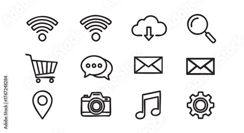 Collection of essential icons for modern technology and lifestyle convenience