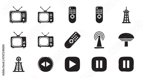 Collection of retro television sets and an antenna on white background