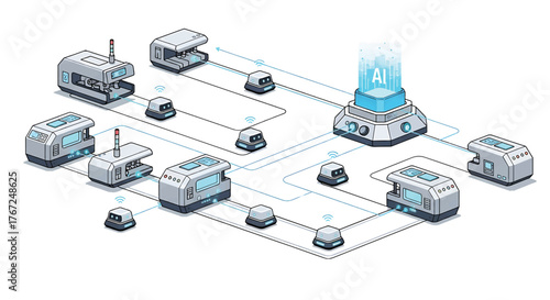Illustration of a network of robotic devices connected to a central AI hub with glowing blue light on a white background.