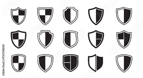 Collection of shield icons in black and white security concept design