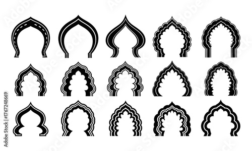 A collection of ornate Islamic architectural arch shapes and gateway silhouettes for design