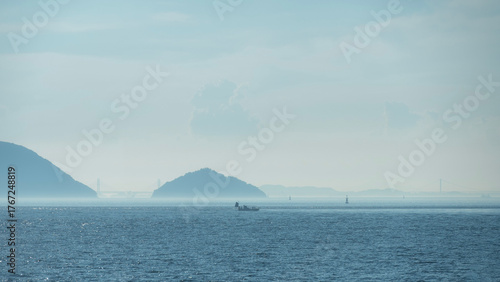 View of islands within Seto Inland Sea, Setonaikai, a strait between Honshu and Shikoku islands of Japan.