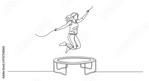 Woman jumping on trampoline in backyard in line art style symbolizing energy