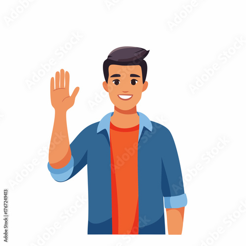 Happy young man greeting with a wave and cheerful smile. Modern flat vector character illustration.
