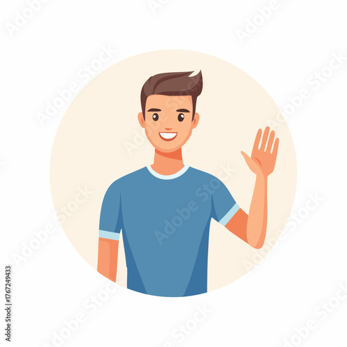 Friendly man waving his hand and smiling warmly. Flat cartoon vector portrait illustration.