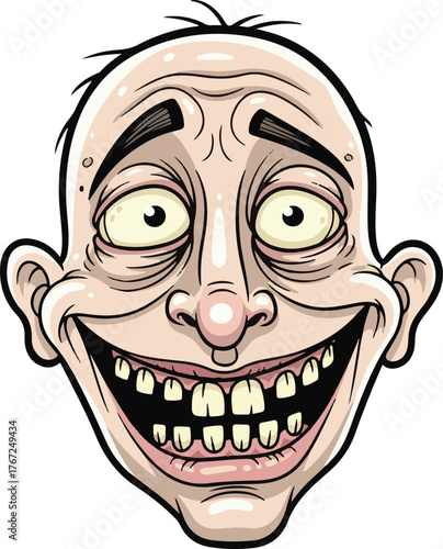 A grotesque caricature of a man's face with a wide, unsettling grin and exaggerated features, conveying a sense of madness or extreme silliness