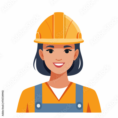 Smiling female construction worker wearing a yellow hard hat. Vector illustration in flat style.