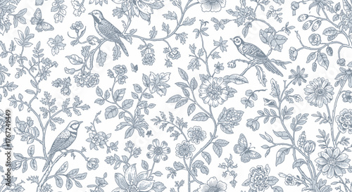 Toile de Jouy Blue Botanical Garden - Vintage Floral Pattern Vector