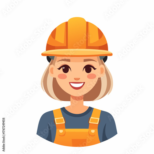 Smiling female construction worker wearing a yellow hard hat. Vector illustration in flat style.