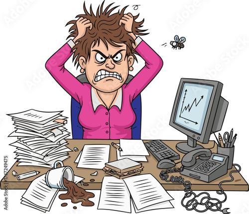 Frustrated office worker pulling hair out at messy desk with spilled coffee and a fly buzzing around