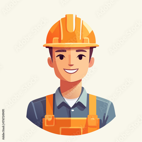 Vector illustration of a male construction worker wearing a hard hat and smiling confidently.