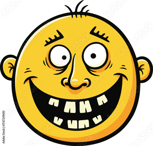 Cartoon goofy yellow face with a wide silly grin and buck teeth, full of fun and laughter
