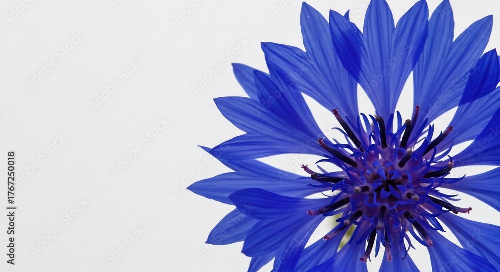 Obraz premium Vibrant blue flower blooming brightly with vivid petals against a pristine white backdrop soft light creates calm beauty. AI Generated