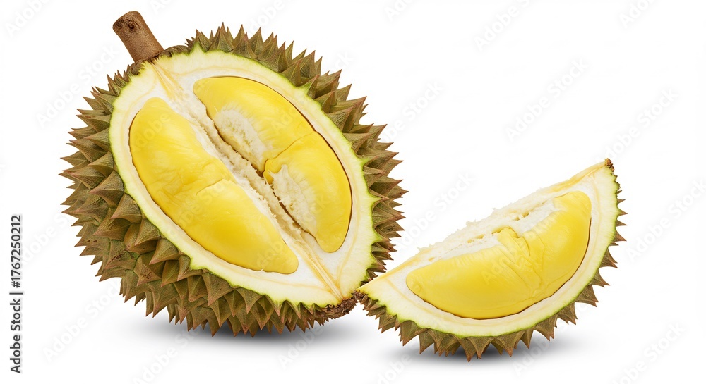 Fototapeta premium Fresh durian fruit halves displaying creamy golden segments with sharp spiky skin brightly illuminated.. AI Generated