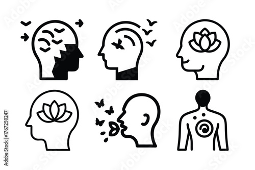 Set of icons representing mental health and well being concepts