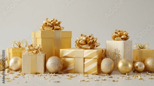 Celebration scene with elegant gold gift boxes and decorations for shopping event