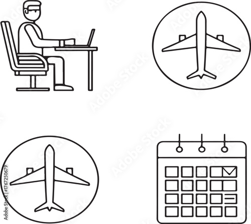 Business Trip Planning and Flight Booking Icons