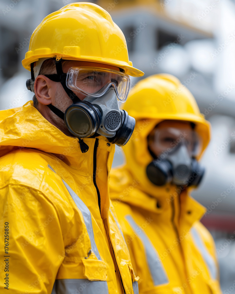 Fototapeta premium Two men in yellow jackets with masks on their faces