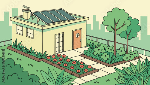 Rooftop Garden With Solar Panel Setup Building Sustainability