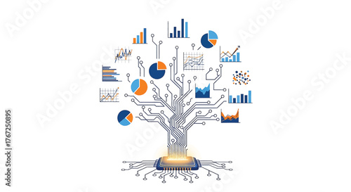 Infographic illustration of a tree with various business charts and graphs growing from a glowing base on a white background.