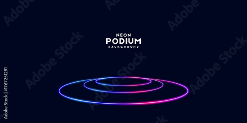 Abstract neon podium background with glowing circles for product display and presentation use