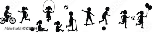 Children silhouettes playing outdoors, kids riding bicycle, running, jumping rope, scooter, balloons, ball games, childhood activities, outdoor fun, exercise, recreation